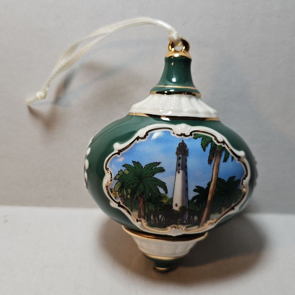Collectible Christmas Ornament Painting of a Lighthouse Green Ornate Rare
